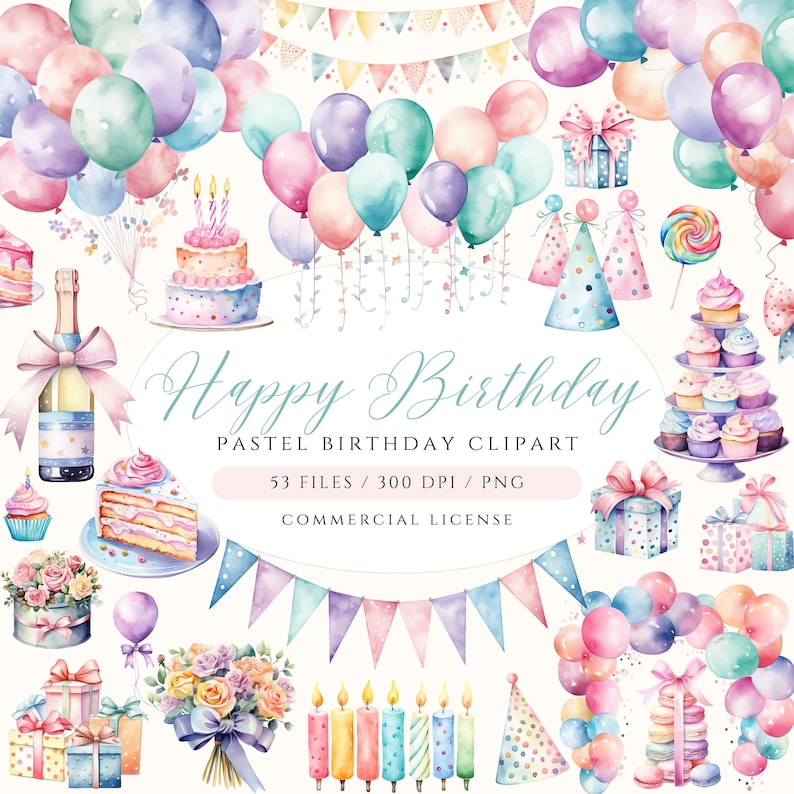 May include: Pastel watercolor clipart set for birthday celebrations. Includes balloons, cake, candles, presents, confetti, and more. 53 files, 300 DPI, PNG format. Commercial license.