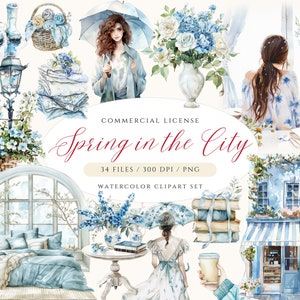 Clipart printemps pluvieux, printemps dans la ville, clipart jour de pluie, aquarelle printemps PNG, bleu printemps, ville cosy maison clipart floral printemps