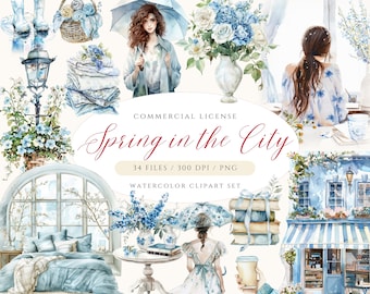 Blue Spring Clipart: Rainy Day Watercolor PNG Set (Digital Download)