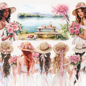 Puede incluir: Seis mujeres con sombreros de paja con cintas rosas y vestidos blancos, sosteniendo ramos de rosas rosas. Las mujeres est&aacute;n de pie frente a un lago con una mesa de picnic en el fondo.