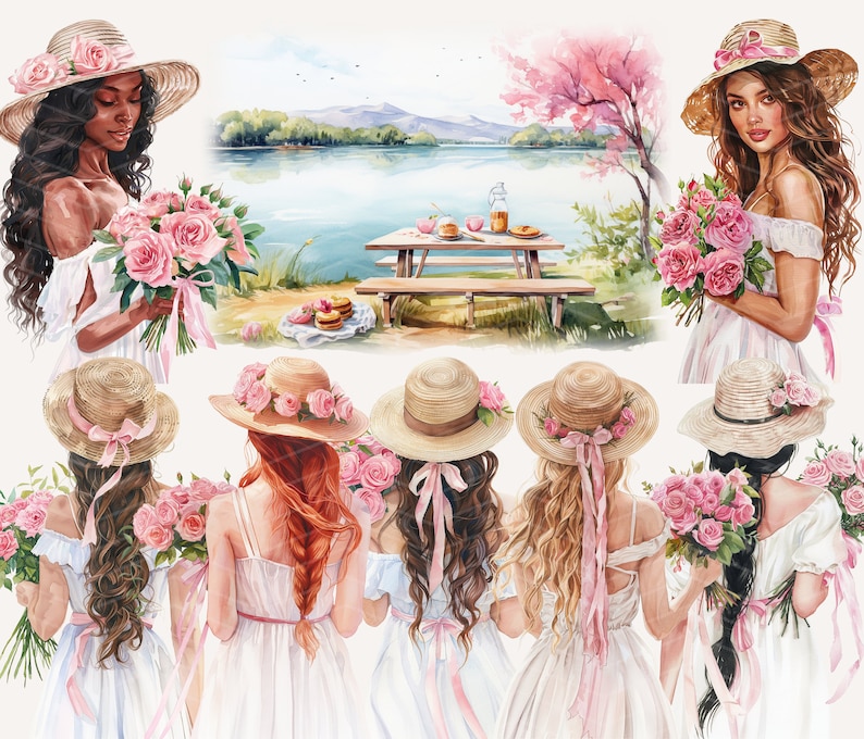 Puede incluir: Seis mujeres con sombreros de paja con cintas rosas y vestidos blancos, sosteniendo ramos de rosas rosas. Las mujeres est&aacute;n de pie frente a un lago con una mesa de picnic en el fondo.