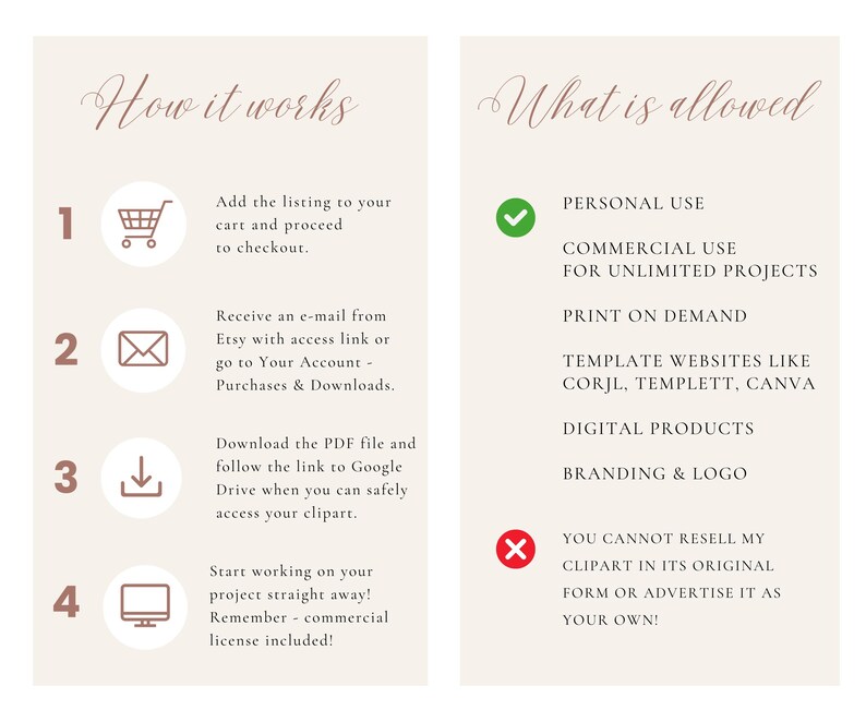 Pode incluir: Um gr&aacute;fico com fundo rosa e texto branco que explica como comprar e usar clipart digital. O gr&aacute;fico inclui quatro etapas: adicionar ao carrinho, receber um e-mail, baixar o PDF e come&ccedil;ar a trabalhar no seu projeto. O gr&aacute;fico tamb&eacute;m inclui uma se&ccedil;&atilde;o intitulada "O que &eacute; permitido" que lista os usos permitidos para o clipart, incluindo uso pessoal, uso comercial, impress&atilde;o sob demanda, sites de modelos, produtos digitais e branding e logotipo. O gr&aacute;fico tamb&eacute;m inclui uma se&ccedil;&atilde;o intitulada "Voc&ecirc; n&atilde;o pode revender meu clipart em sua forma original ou anunciar como seu!"