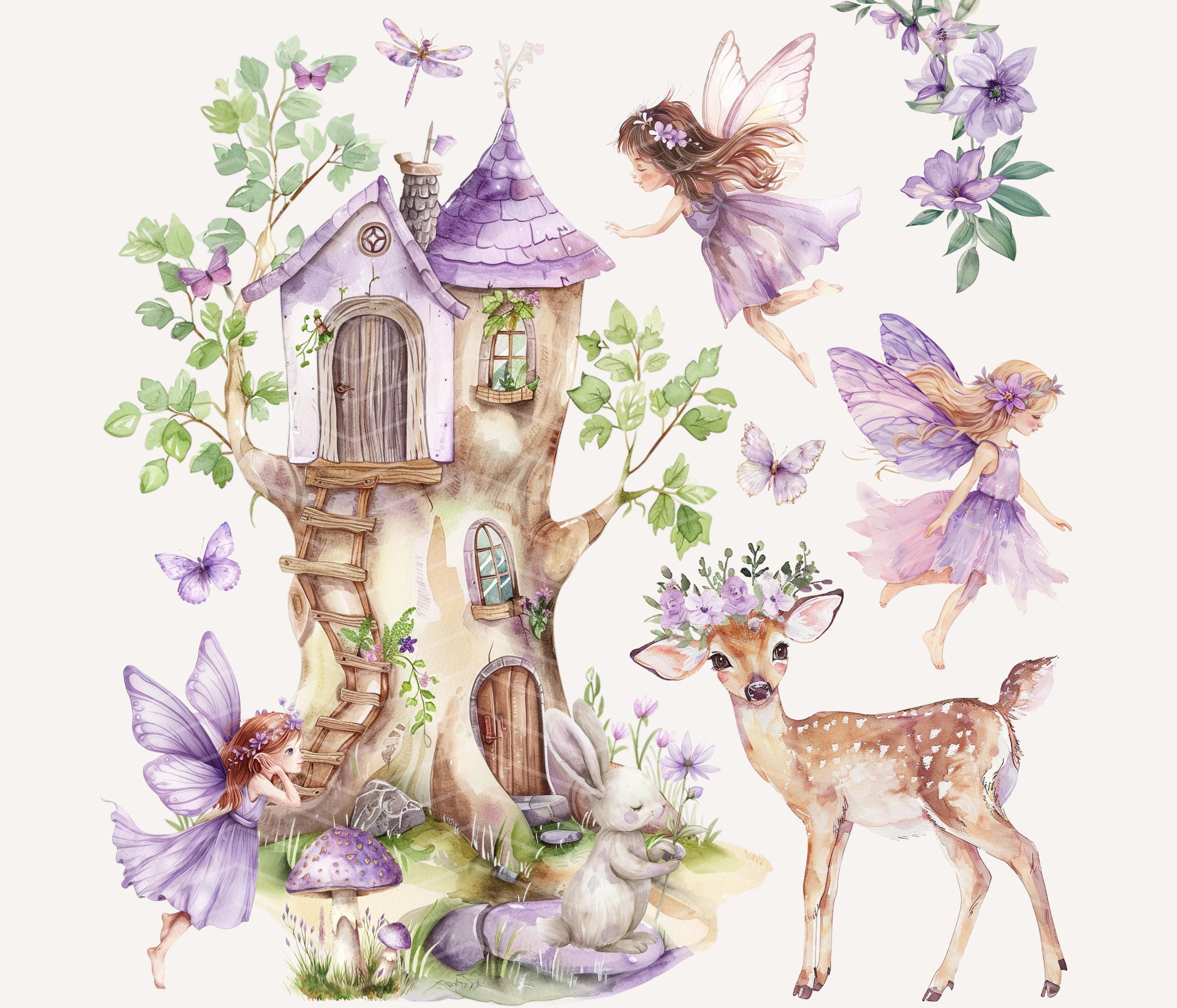 Purple Fairy Clipart Bundle: Watercolor Forest Graphics (PNG, Digital ...