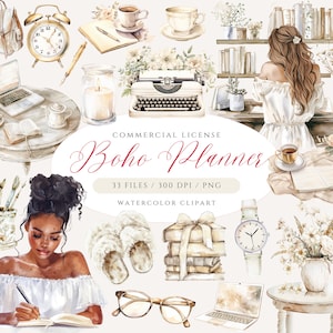 Boho Planner Clipart, Pacchetto clipart amante pianificatore neutro, Boho Journal Clipart, Acquerello Planner Girl PNG, Set di pianificazione Beige vintage