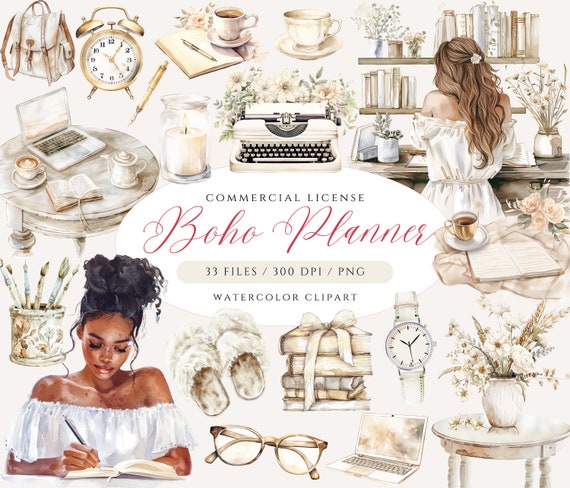 Boho Planner Clipart Bundle: Watercolor Beige Journal PNG (Digital Download)
