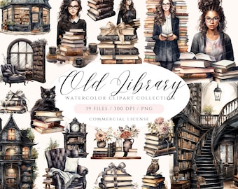 Vintage Black Book Clipart: Old Library Watercolor PNG (Digital Download)