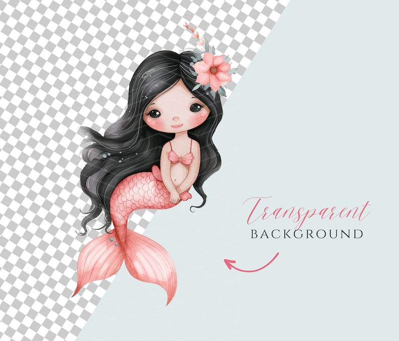 Little Mermaid Clipart, Cute Mermaid PNG, Pink Mermaid, Under the Sea Clipart, Watercolor Mermaid image 5