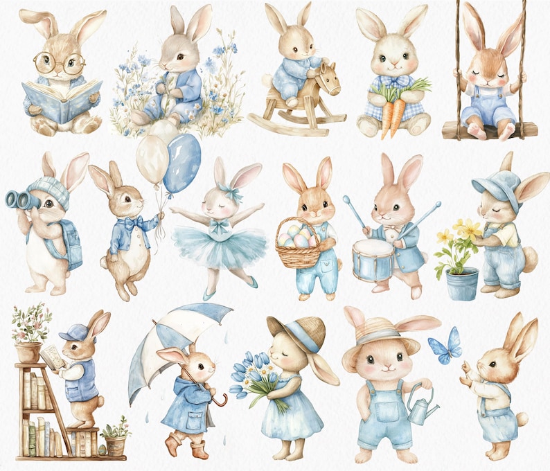 Pu&ograve; includere: Un set di 15 illustrazioni ad acquerello di conigli in varie pose e abiti. I conigli indossano vestiti, suonano strumenti, tengono oggetti e svolgono attivit&agrave;. Le illustrazioni sono dipinte in uno stile fantasioso con colori tenui.