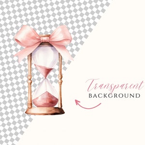 May include: A watercolour illustration of an hourglass with a pink bow tied around the top. The hourglass is filled with pink sand and is set against a transparent background.