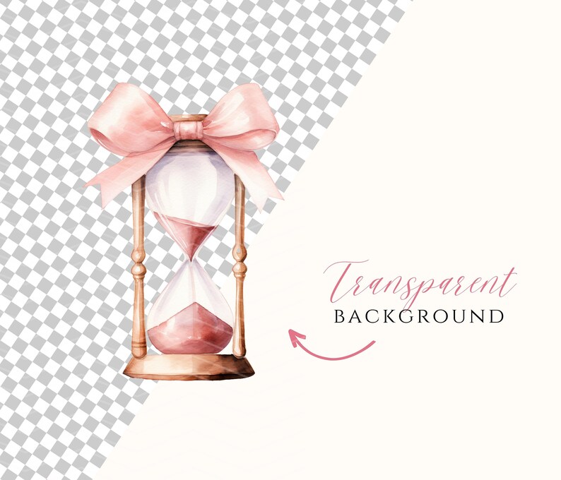 May include: A watercolour illustration of an hourglass with a pink bow tied around the top. The hourglass is filled with pink sand and is set against a transparent background.