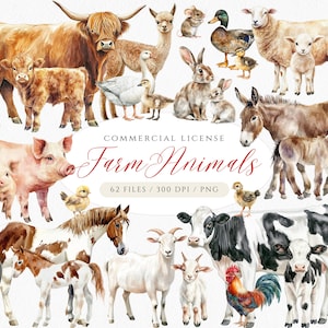 Boerderijdieren aquarel clipart, platteland clipart, koe, varken, schaap, geit, boerderij PNG, realistische clipart van landbouwhuisdieren, educatieve clipart