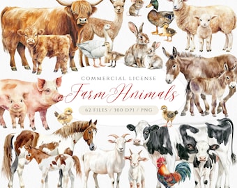 Watercolor Farm Animals Clipart: Realistic Countryside PNG (Digital Download)