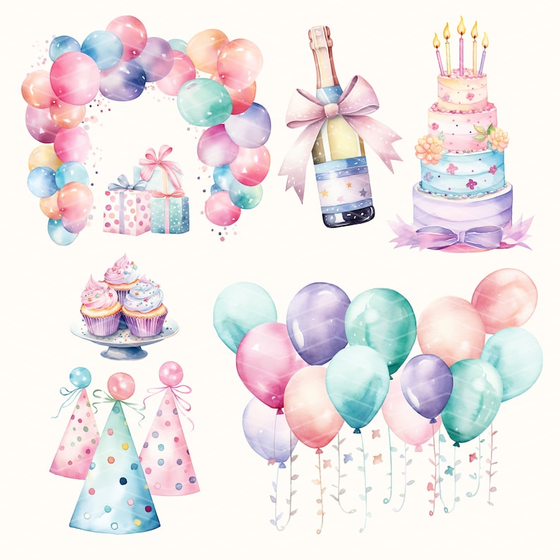 May include: Watercolor illustration of a birthday party with a cake, balloons, party hats, cupcakes, and a bottle of champagne. The balloons are in shades of pink, blue, and purple. The cake is decorated with flowers and candles. The party hats are pink, blue, and green. The cupcakes are topped with pink frosting and sprinkles.