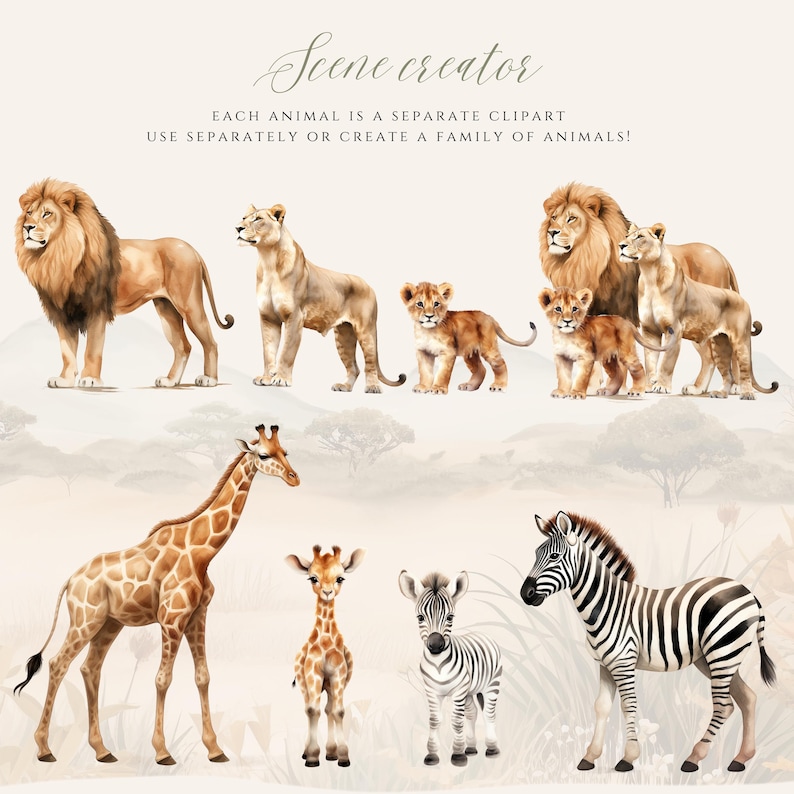 May include: Watercolor illustrations of a lion family, a giraffe family, and a zebra family. The animals are all standing on a light brown background with green grass and trees.