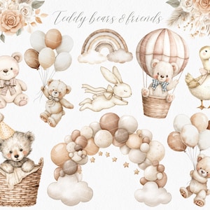 May include: A set of watercolor illustrations featuring teddy bears and friends. The illustrations include a teddy bear in a hot air balloon, a teddy bear holding balloons, a teddy bear in a basket, a bunny rabbit, a goose, and a rainbow.