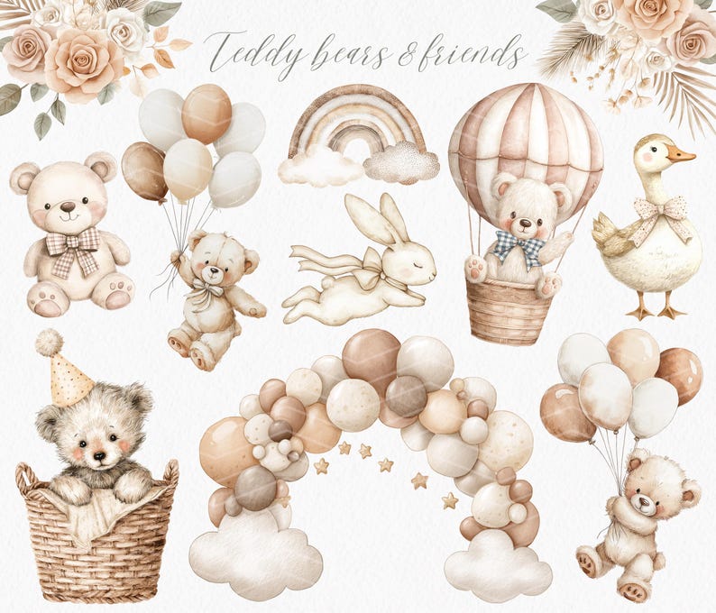 May include: A set of watercolor illustrations featuring teddy bears and friends. The illustrations include a teddy bear in a hot air balloon, a teddy bear holding balloons, a teddy bear in a basket, a bunny rabbit, a goose, and a rainbow.