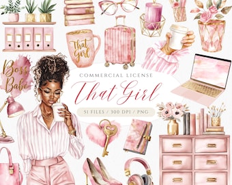 Dusty Rose Planner Clipart: Watercolor Girl Boss PNG (Digital Download)