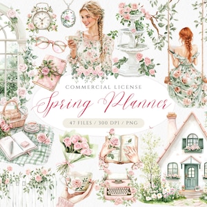 Clipart de planificador de primavera en acuarela, clipart de cabaña de primavera, PNG para amantes de los libros, gráficos de diario basura, clipart de lectura, pegatinas florales para planificador