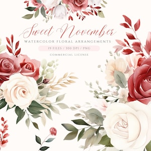 Doce novembro aquarela floral clipart, aquarela rosas PNG, rosas e eucaliptos, outono flor clipart, arranjo floral buquê de outono