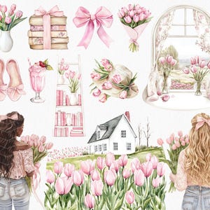 May include: A watercolor illustration featuring a white house with pink tulips in the front yard, two women holding bouquets of pink tulips, a window with a view of a field of pink tulips, a bookshelf with pink books, a vase of pink tulips, a pair of pink shoes, a pink bow, and a pink milkshake.
