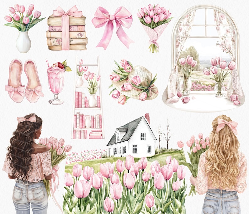 May include: A watercolor illustration featuring a white house with pink tulips in the front yard, two women holding bouquets of pink tulips, a window with a view of a field of pink tulips, a bookshelf with pink books, a vase of pink tulips, a pair of pink shoes, a pink bow, and a pink milkshake.