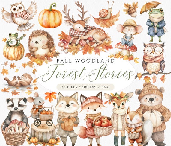 Whimsical Fall Woodland Clipart: Storybook Woodland Animals PNG (Digital Download)