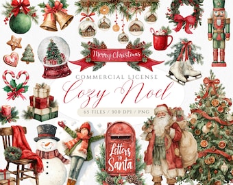 May include: Watercolor illustrations of Christmas decorations and characters, including ornaments, a snow globe, a nutcracker, Santa Claus, and a snowman. The text "Merry Christmas" is on a red banner, and "Cozy Noel" is written in cursive.