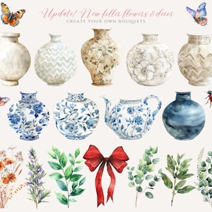May include: A set of watercolor illustrations featuring various floral designs and decorative vases. The vases are in different styles and colors, including blue and white porcelain, brown and white ceramic, and a light blue glazed vase. The floral designs include a variety of flowers, leaves, and branches. The illustrations are perfect for creating floral arrangements, greeting cards, and other creative projects.