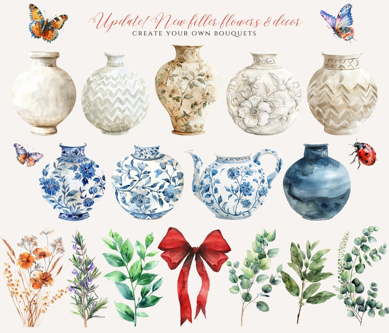 May include: A set of watercolor illustrations featuring various floral designs and decorative vases. The vases are in different styles and colors, including blue and white porcelain, brown and white ceramic, and a light blue glazed vase. The floral designs include a variety of flowers, leaves, and branches. The illustrations are perfect for creating floral arrangements, greeting cards, and other creative projects.