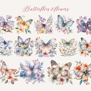May include: Watercolor illustrations of butterflies and flowers. The image features a collection of butterflies with various wing patterns and colors, including blue, orange, and purple. Each butterfly is paired with floral arrangements.