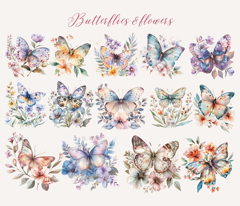 May include: Watercolor illustrations of butterflies and flowers. The image features a collection of butterflies with various wing patterns and colors, including blue, orange, and purple. Each butterfly is paired with floral arrangements.