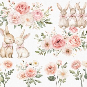 K&ouml;nnte beinhalten: Aquarellillustrationen mit Hasen mit rosa Schleifen und Blumenarrangements aus Rosen und anderen Blumen in Rosa-, Pfirsich- und Wei&szlig;t&ouml;nen. Gr&uuml;ne Bl&auml;tter und Stiele erg&auml;nzen die sanfte Farbpalette und schaffen eine zarte und romantische &Auml;sthetik.