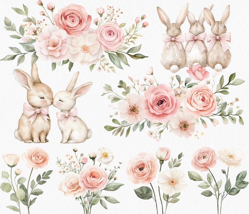 K&ouml;nnte beinhalten: Aquarellillustrationen mit Hasen mit rosa Schleifen und Blumenarrangements aus Rosen und anderen Blumen in Rosa-, Pfirsich- und Wei&szlig;t&ouml;nen. Gr&uuml;ne Bl&auml;tter und Stiele erg&auml;nzen die sanfte Farbpalette und schaffen eine zarte und romantische &Auml;sthetik.