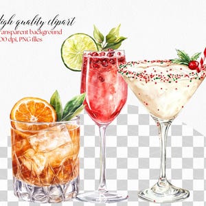 K&ouml;nnte beinhalten: Drei Aquarell-Illustrationen von Cocktails. Ein roter Cocktail mit einem Limettenkeil, ein wei&szlig;er Cocktail mit roten und gr&uuml;nen Streuseln und ein brauner Cocktail mit Eisw&uuml;rfeln.
