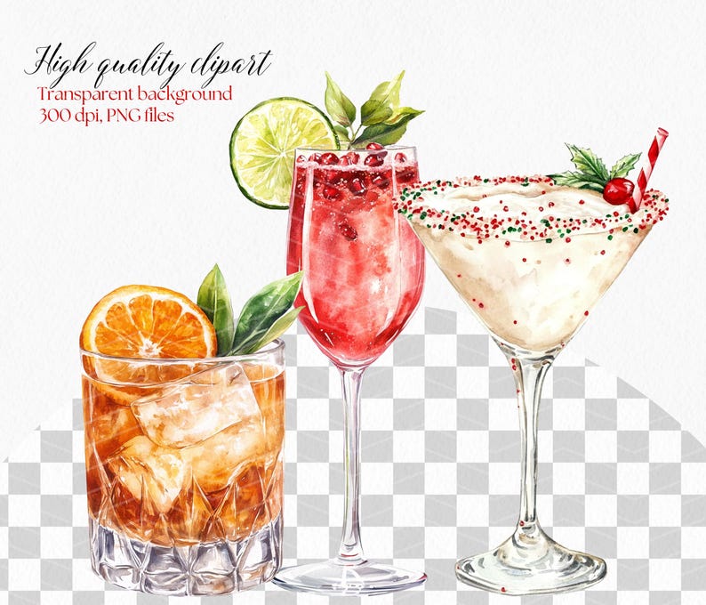 K&ouml;nnte beinhalten: Drei Aquarell-Illustrationen von Cocktails. Ein roter Cocktail mit einem Limettenkeil, ein wei&szlig;er Cocktail mit roten und gr&uuml;nen Streuseln und ein brauner Cocktail mit Eisw&uuml;rfeln.