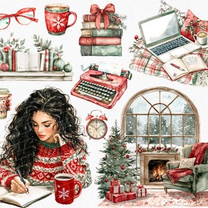 Pode incluir: Uma ilustra&ccedil;&atilde;o em aquarela de uma cena aconchegante de inverno com uma mulher escrevendo em um di&aacute;rio, uma &aacute;rvore de Natal, uma lareira, uma janela com neve caindo l&aacute; fora e uma caneca vermelha de caf&eacute;. H&aacute; tamb&eacute;m outros elementos tem&aacute;ticos de inverno como uma m&aacute;quina de escrever, livros, &oacute;culos e um despertador vermelho.