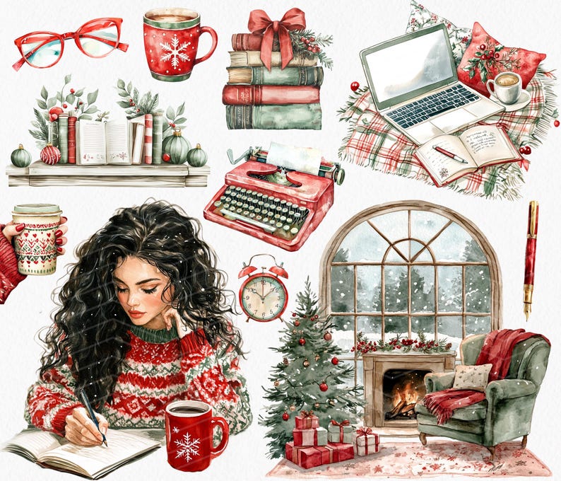 Pode incluir: Uma ilustra&ccedil;&atilde;o em aquarela de uma cena aconchegante de inverno com uma mulher escrevendo em um di&aacute;rio, uma &aacute;rvore de Natal, uma lareira, uma janela com neve caindo l&aacute; fora e uma caneca vermelha de caf&eacute;. H&aacute; tamb&eacute;m outros elementos tem&aacute;ticos de inverno como uma m&aacute;quina de escrever, livros, &oacute;culos e um despertador vermelho.