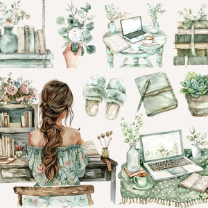 K&ouml;nnte beinhalten: Aquarell-Illustration einer Frau, die an einem Schreibtisch mit Laptop, B&uuml;chern und Pflanzen sitzt. Die Illustration ist in einem gr&uuml;n-braunen Farbschema gehalten und zeigt eine Vielzahl von Details, darunter eine Uhr, eine Tasse Kaffee und ein Paar Hausschuhe.