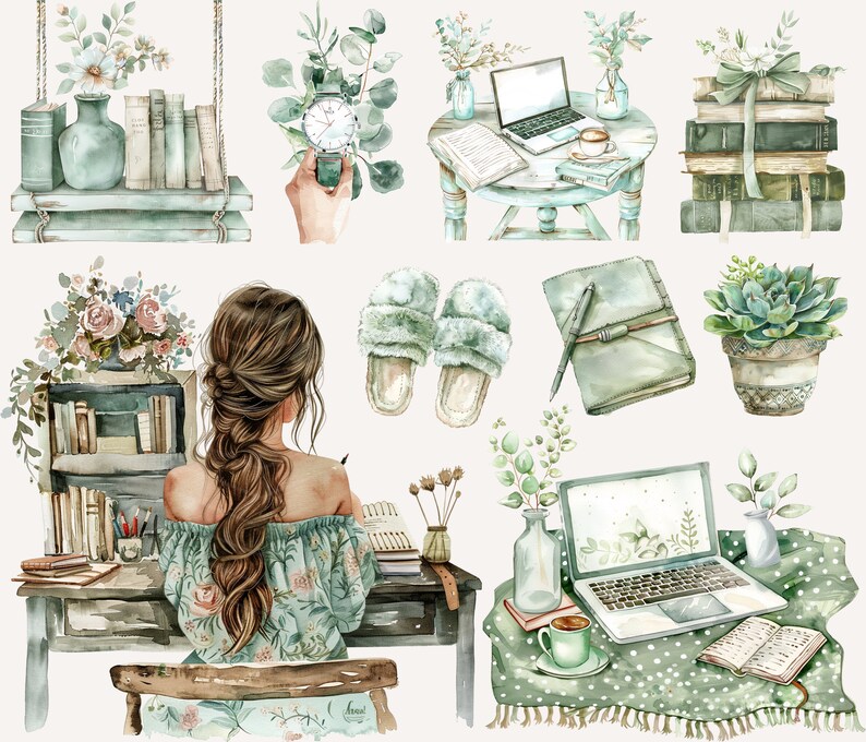 K&ouml;nnte beinhalten: Aquarell-Illustration einer Frau, die an einem Schreibtisch mit Laptop, B&uuml;chern und Pflanzen sitzt. Die Illustration ist in einem gr&uuml;n-braunen Farbschema gehalten und zeigt eine Vielzahl von Details, darunter eine Uhr, eine Tasse Kaffee und ein Paar Hausschuhe.