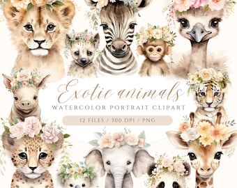 Watercolor Safari Animal Portrait Clipart: Nursery Decor (PNG)
