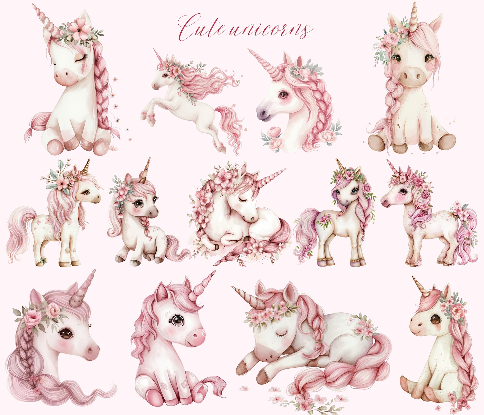 Pink Unicorn Clipart Set: Watercolor Rainbow Unicorns, Castle (PNG ...
