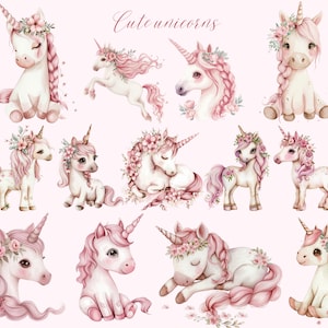 Pink Unicorn Clipart Set: Watercolor Rainbow Unicorns, Castle (PNG ...