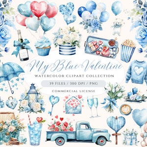 Blue Valentines Day Clipart, Watercolor Valentine Clipart Bundle, Blue Valentine, Sweet Valentine, Roses Clipart, Blue Floral Clipart, Love