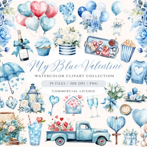 Clipart azul do dia dos namorados, pacote de clipart aquarela dos namorados, dia dos namorados azul, doce dia dos namorados, clipart de rosas, clipart floral azul, amor