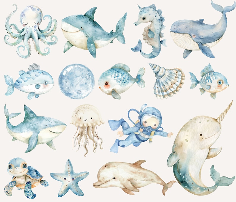Op de afbeelding: Waterverf illustraties van verschillende zeedieren, waaronder een octopus, haai, walvis, zeepaardje, vissen, kwal, duiker, narwal, schildpad, zeester, dolfijn en een schelp. De illustraties zijn in tinten blauw, wit en beige.