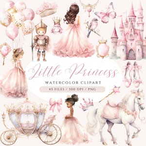 Petite princesse Clipart Clipart aquarelle princesse conte de fées Clipart princesse et château PNG rose carrosse de princesse chevalier château des cliparts