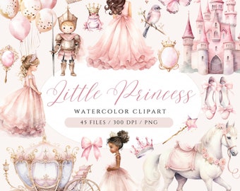Little Princess Clipart Watercolor Princess Clipart Fairytale Clipart Princess and Castle PNG Pink Princess Carriage Knight Castle Clipart