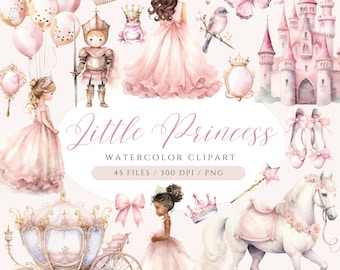 Clipart aquarel prinses: sprookjeskasteel, koets, ridder (digitale download)