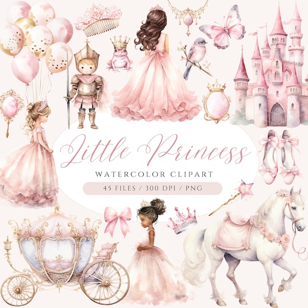 Little Princess Clipart Watercolor Princess Clipart Fairytale Clipart Princess and Castle PNG Pink Princess Carriage Knight Castle Clipart