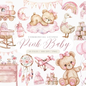 Imágenes Prediseñadas de bebé rosa, oso de peluche rosa acuarela PNG, imágenes prediseñadas de niña, imágenes prediseñadas de baby shower, arte infantil, peluche soñoliento, luna, estrellas, juguetes para bebés
